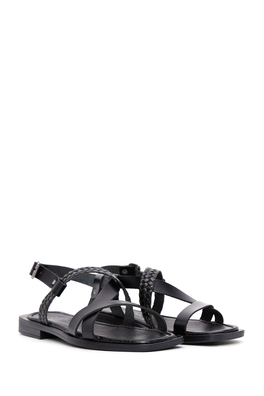 Women's Black Knitted Detailed Leather Bodrum Sandals