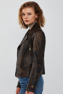Newyork Women's Brown Vintage Biker Leather Jacket | Derimod