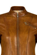 Donna Woman Camel Mandarin Collar Leather Jacket | Derimod