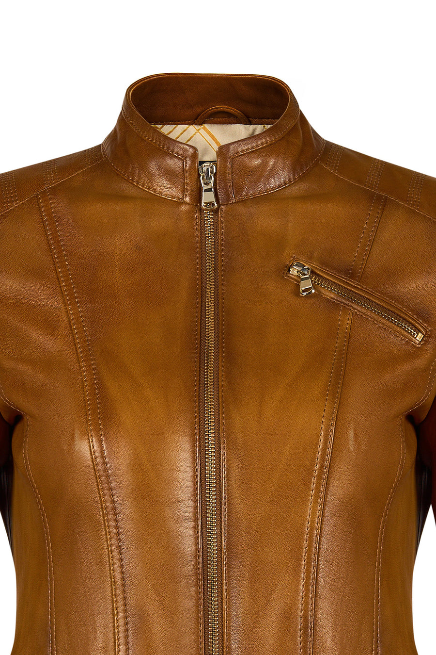 Donna Woman Camel Mandarin Collar Leather Jacket