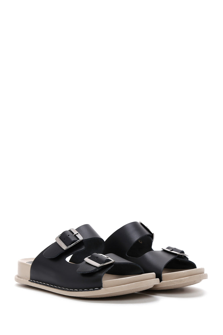 Women's Black Leather Buckle Comfort Slippers