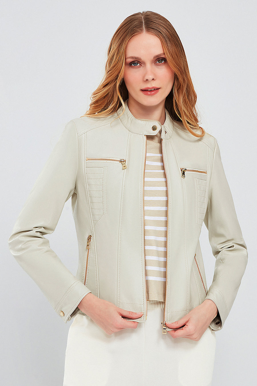 Marlyn Women's Beige Short Leather Jacket 23WGE51331M | Derimod