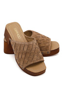 Woman Beige Short Thick-Heeled Suede Slipper | Derimod