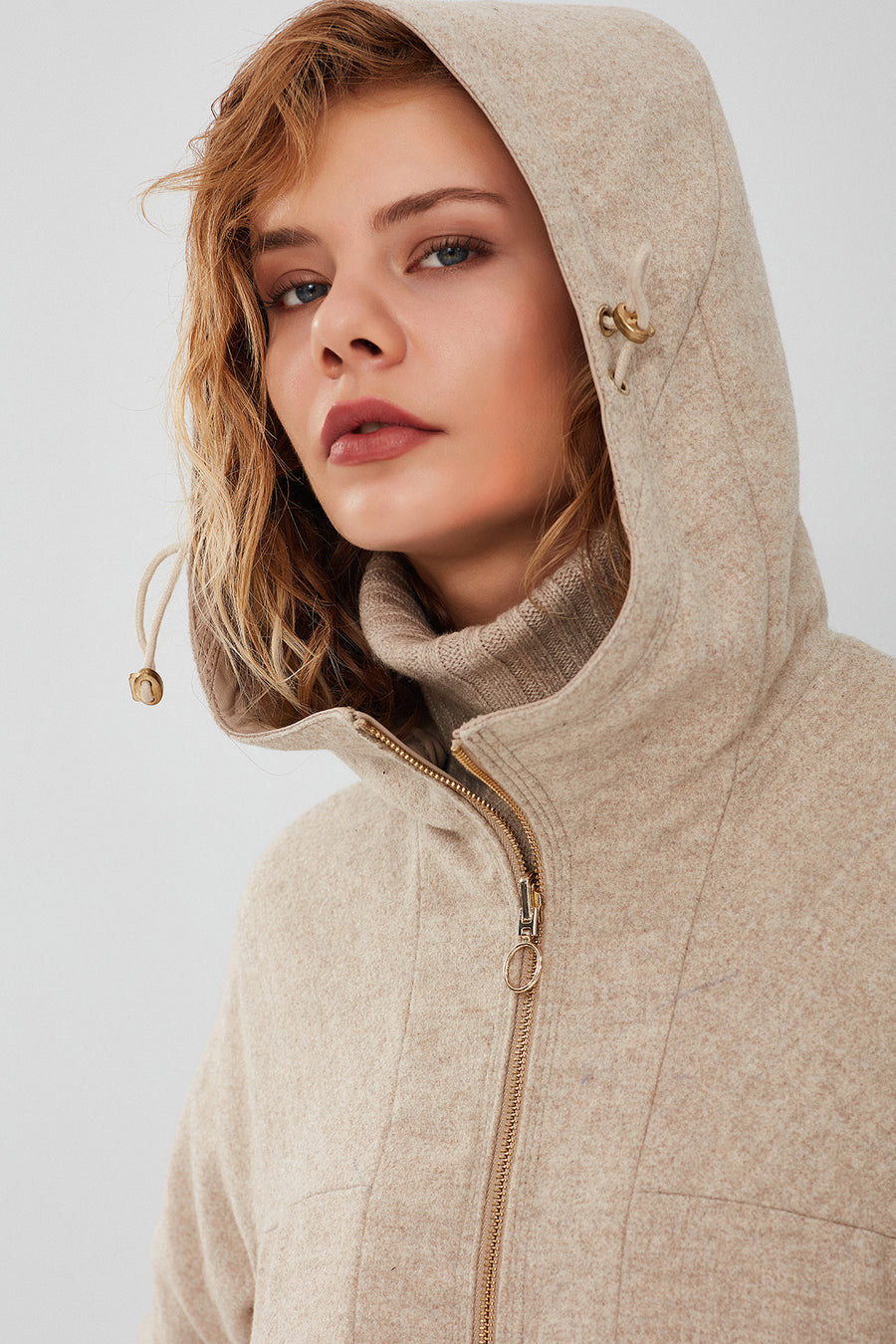Roma Women's Beige Hooded Double-Sided Oversize Leather Jacket