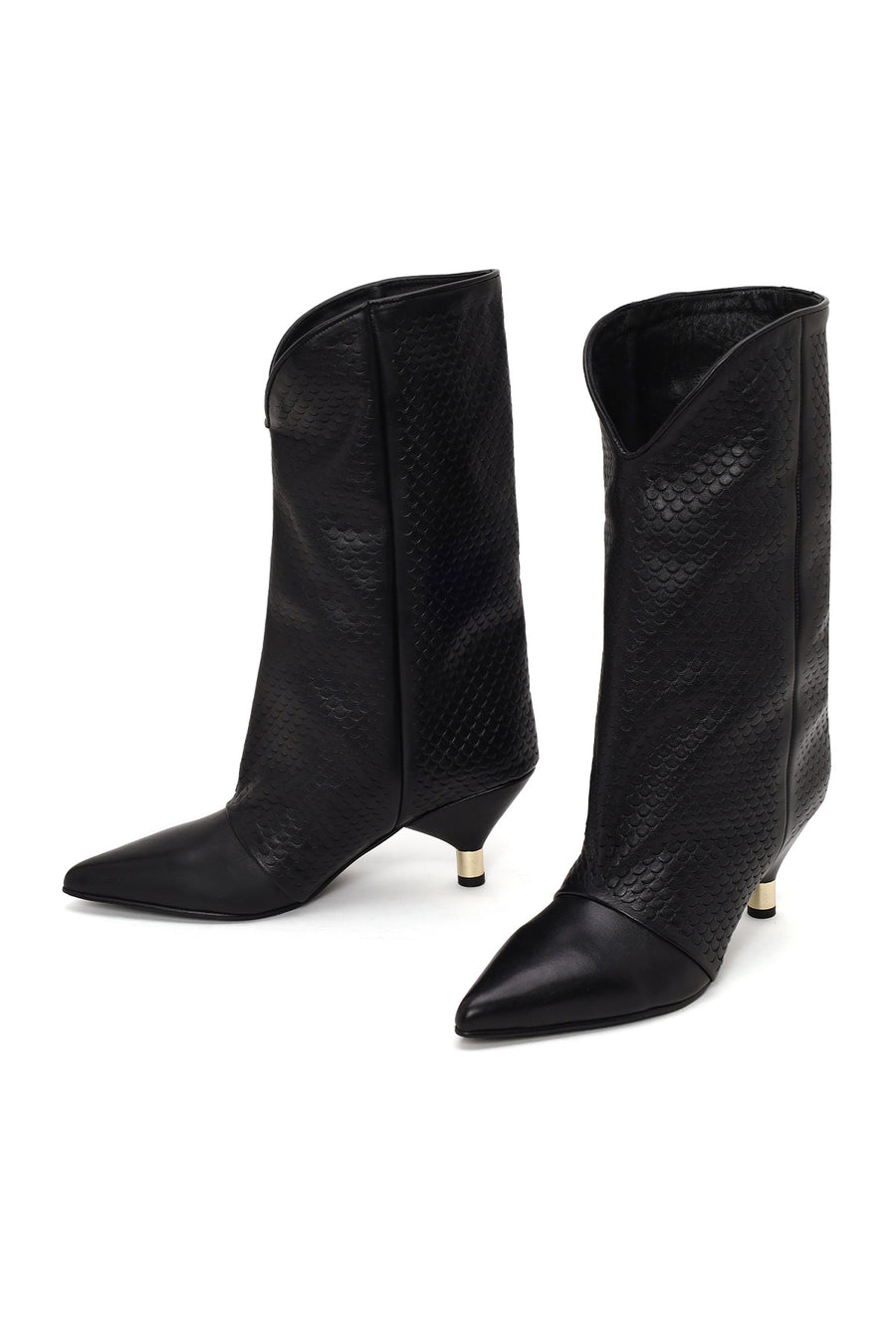Woman Black Printed Thin-Heel Leather Boots