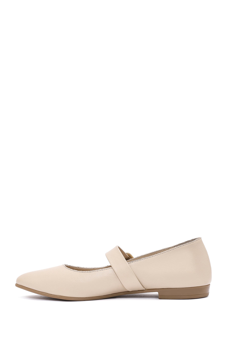 Women's Beige Buckled Leather Ballerinas