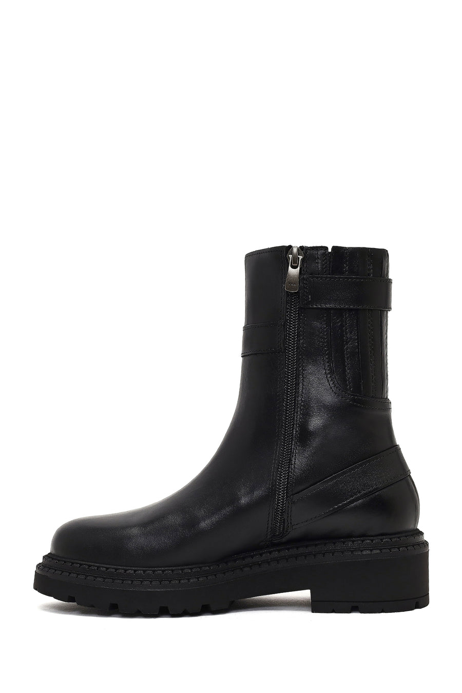 Women's Black Zippered Thick-Soled Leather Boot