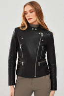 Giselle Kadın Siyah Slim-Fit Biker Deri Ceket | Derimod