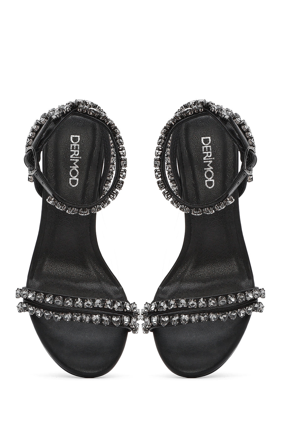Women's Black Ankle Buckle Stoned Thin Heel Sandals