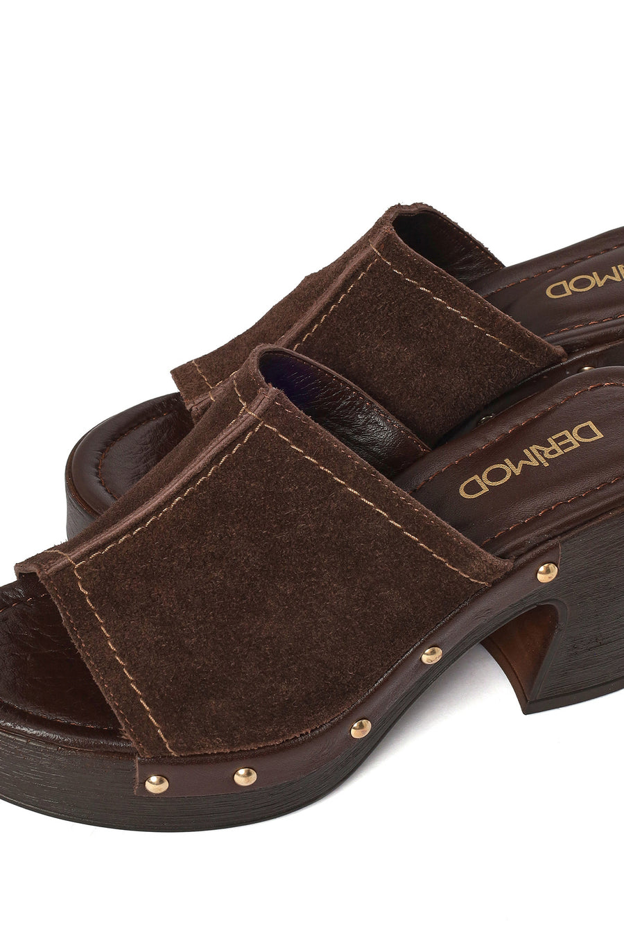 Women's Brown Thick Heeled Suede Leather Slippers