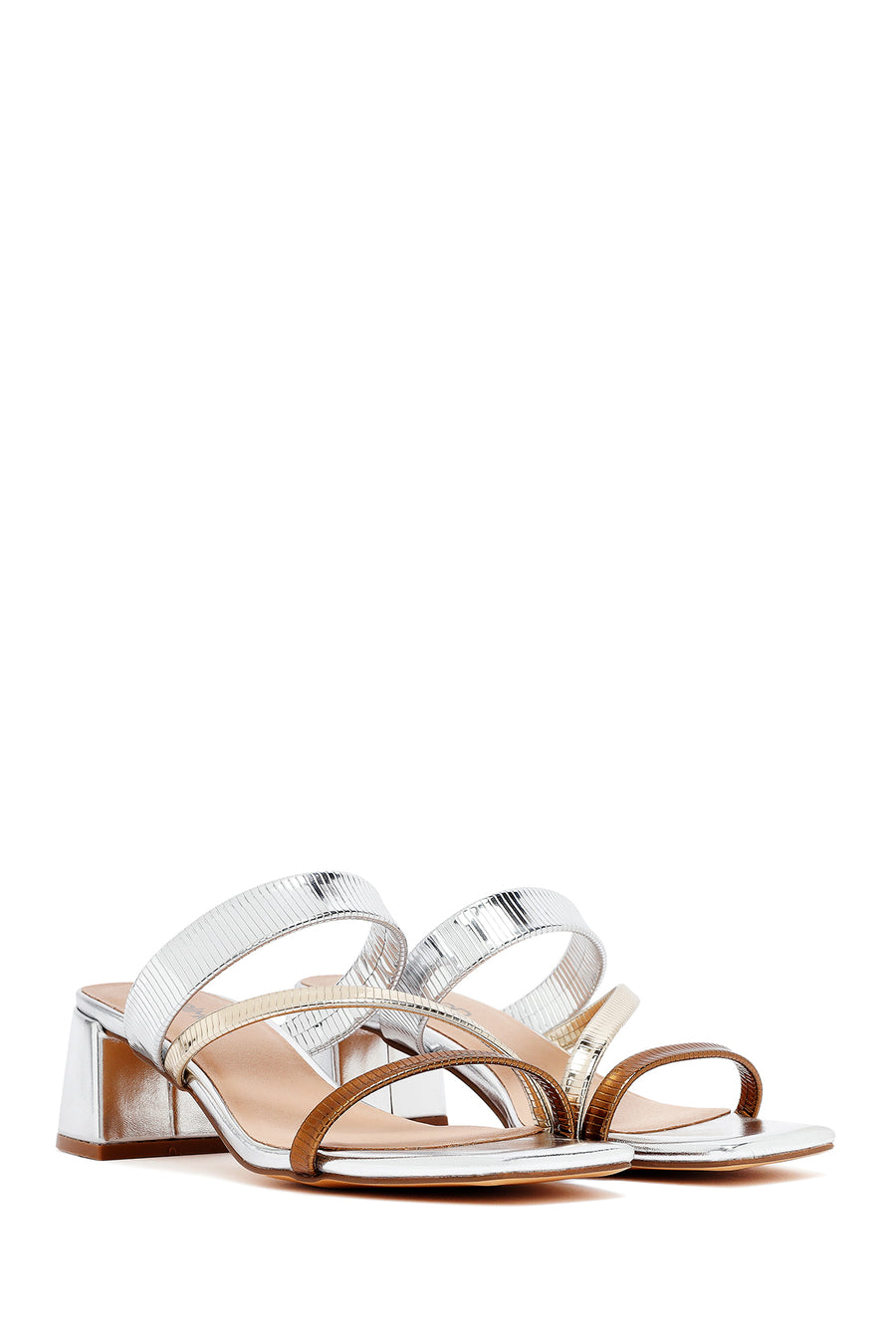 Woman Bronze Short Thick Heel Metallic Slippers