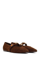 Women's Brown Suede Leather Ballet Flats with Rhinestones | Derimod