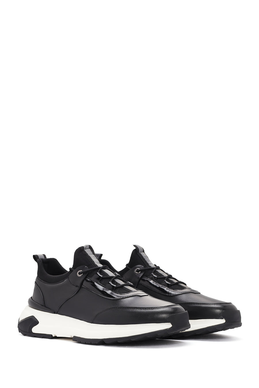 Erkek Siyah Bağcıklı Deri Sneaker