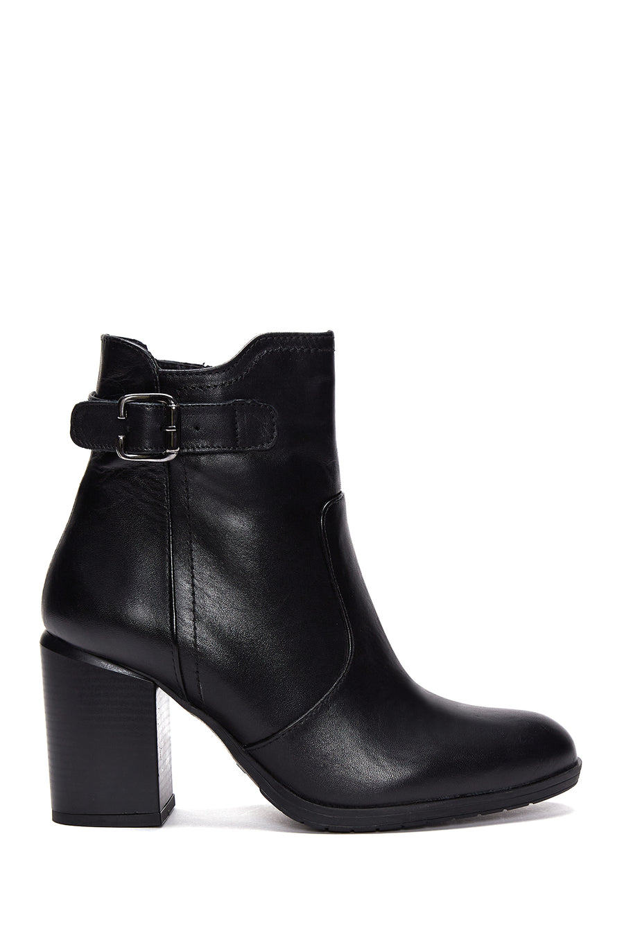 Women's Black Leather Buckle Heeled Boots 23WFD240118 | Derimod