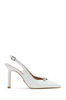 Women's White Ankle Buckle Open Back Thin Heel Leather Shoes | Derimod