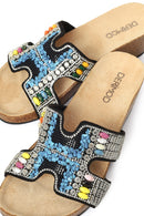 Woman Black Rhinestone Wedge-Heel Slippers | Derimod