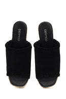 Women's Black Wedge Heeled Suede Leather Espadrille Slippers | Derimod