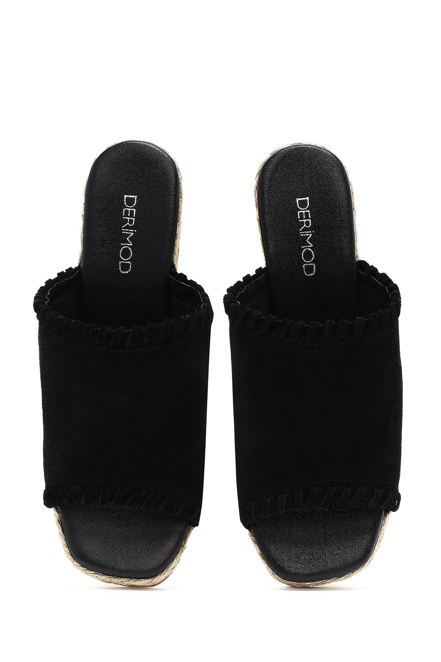 Women's Black Wedge Heeled Suede Leather Espadrille Slippers