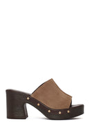 Women's Beige Thick Heeled Suede Leather Slippers | Derimod