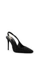Women's Black Stoned Slingback Heeled Leather Shoes | Derimod