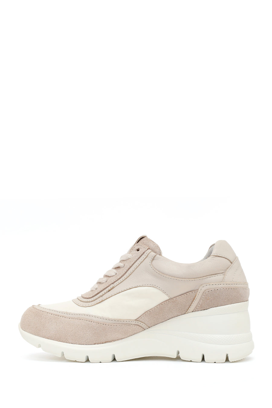 Woman Beige Lace-Up Wedge-Heel Suede Leather Sneaker