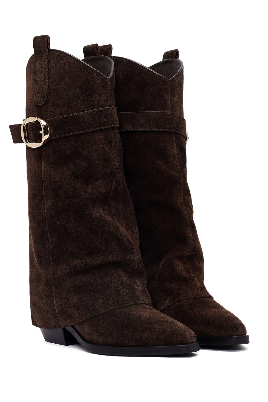 Woman Brown Chunky Heeled Suede Boots