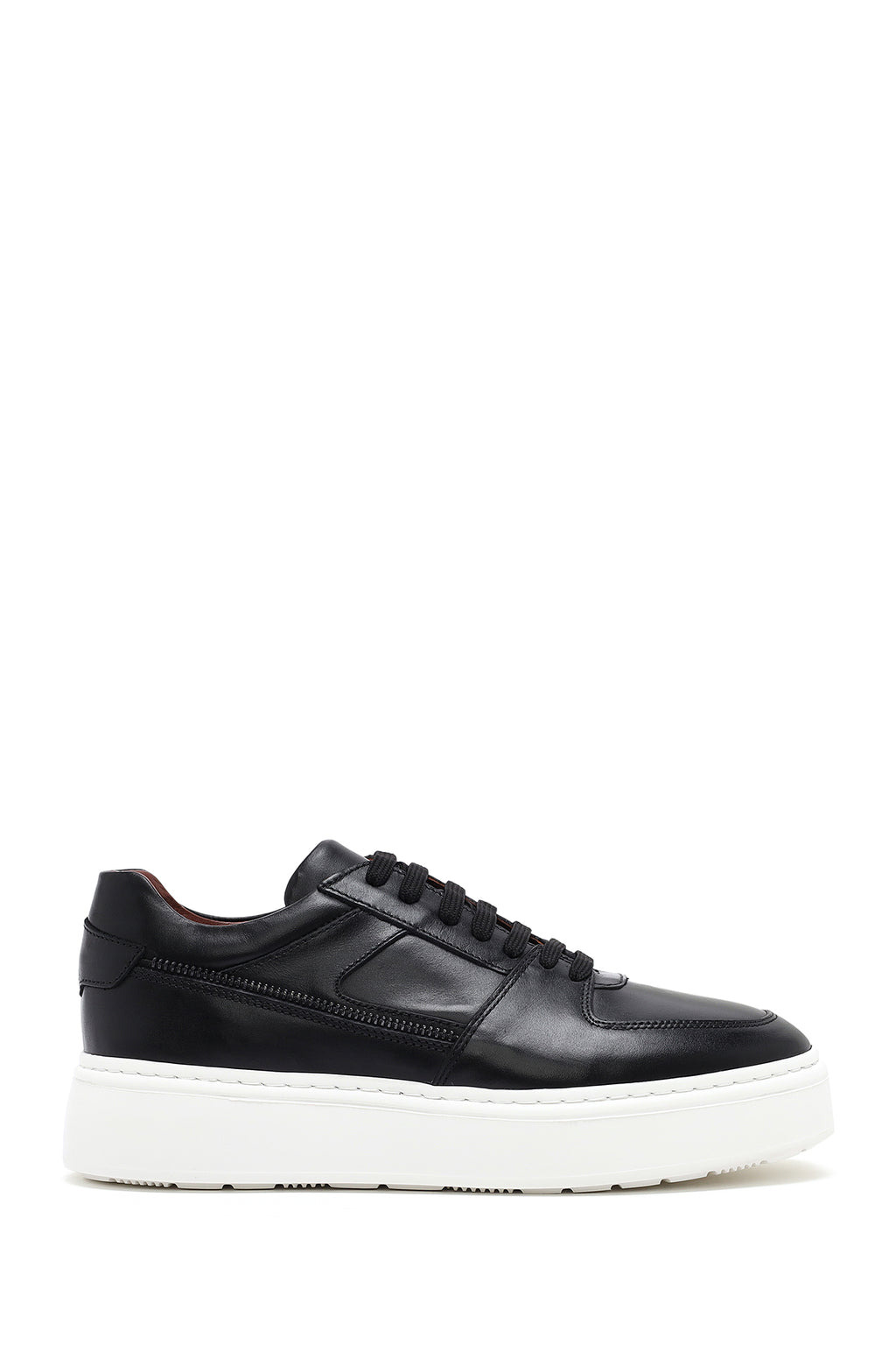 Erkek Siyah Bağcıklı Kalın Tabanlı Deri Sneaker