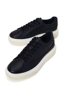 Male Navy Blue Lace-Up Thick-Soled Leather Sneaker | Derimod