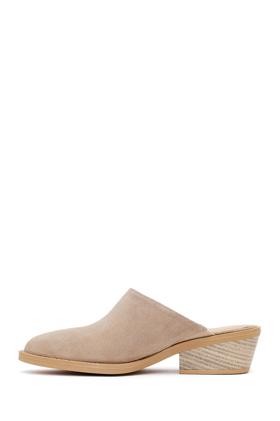 Woman Beige Mule Open Back Chunky Heeled Suede Slipper