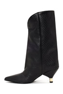 Woman Black Printed Thin-Heel Leather Boots | Derimod