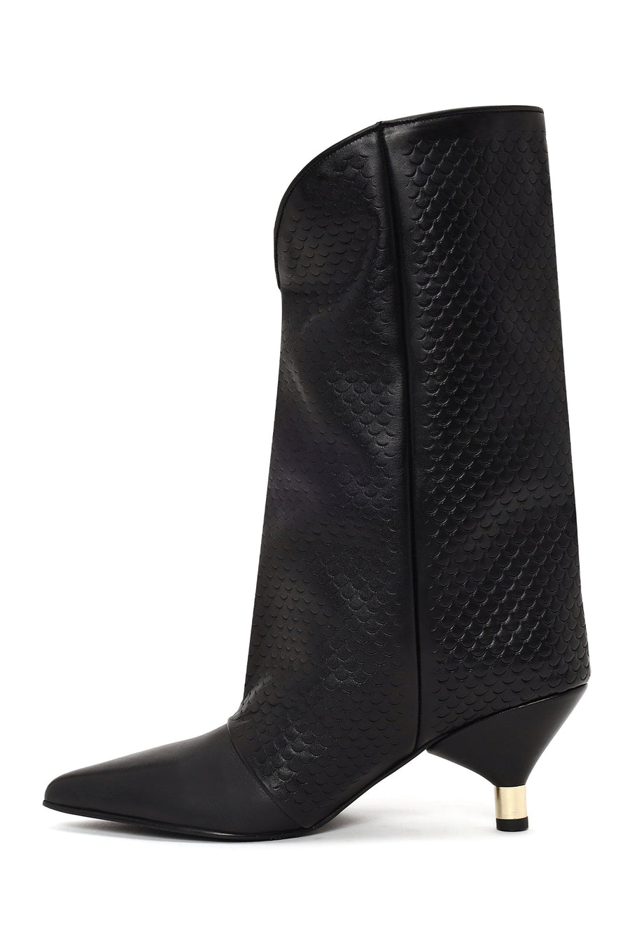 Woman Black Printed Thin-Heel Leather Boots