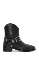 Women's Black Metal Detailed Leather Cowboy Boots | Derimod
