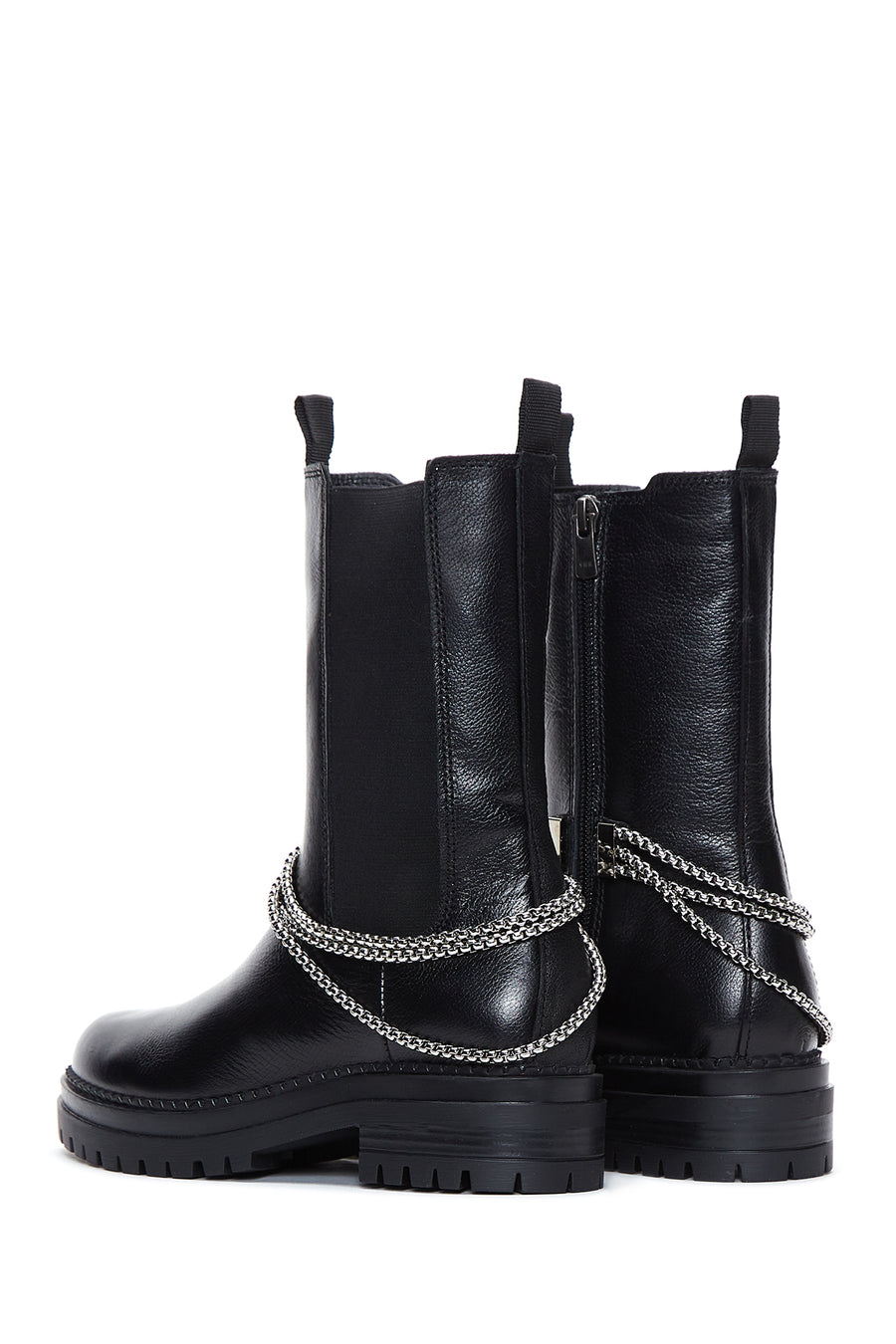 Women's Black Leather Zippered Chain Detailed Boots