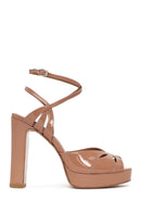 Woman Beige Ankle-Buckle Platform Thick High-Heeled Patent Leather Sandal | Derimod