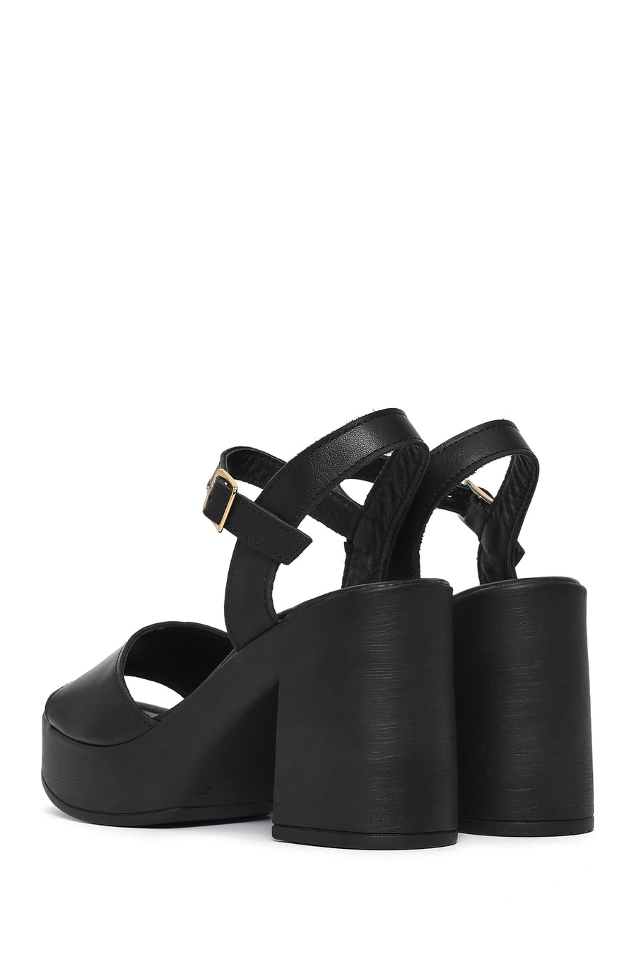 Woman Black Buckled Platform Block-Heel Leather Sandals