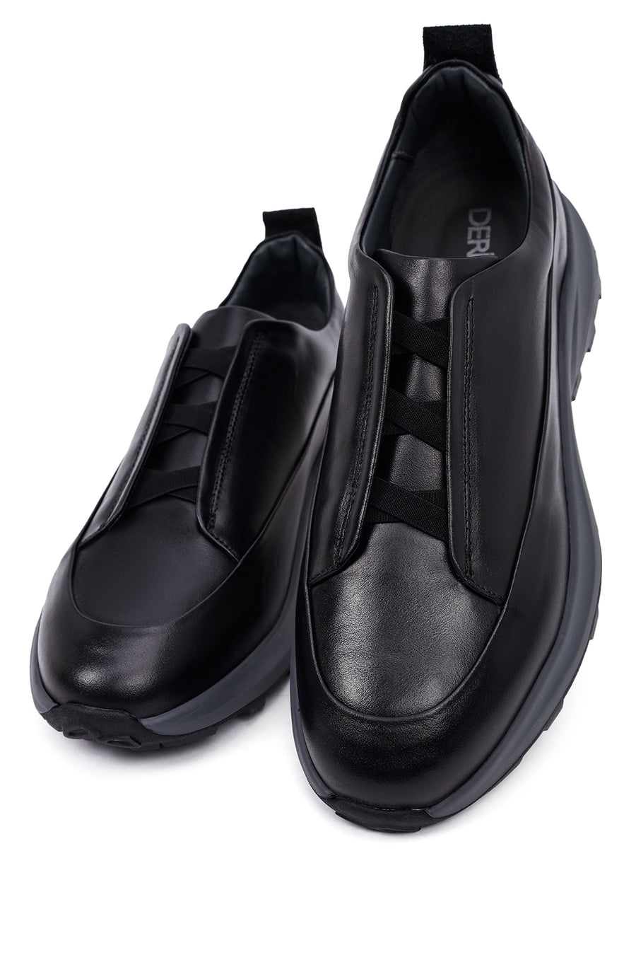 Men's Black Thick Sole Leather Casual Sneakers