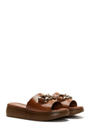 Women's Tan Thick Soled Leather Slippers | Derimod