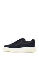 Male Navy Blue Lace-Up Thick-Soled Leather Sneaker | Derimod