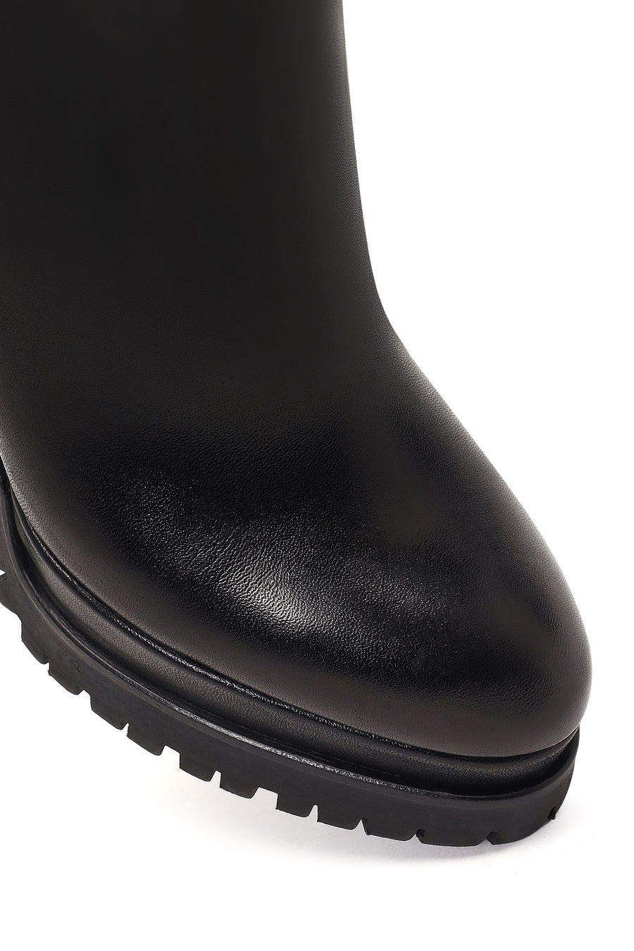 Woman Black Zip Closure Platform High Thick-Heeled Leather Boots