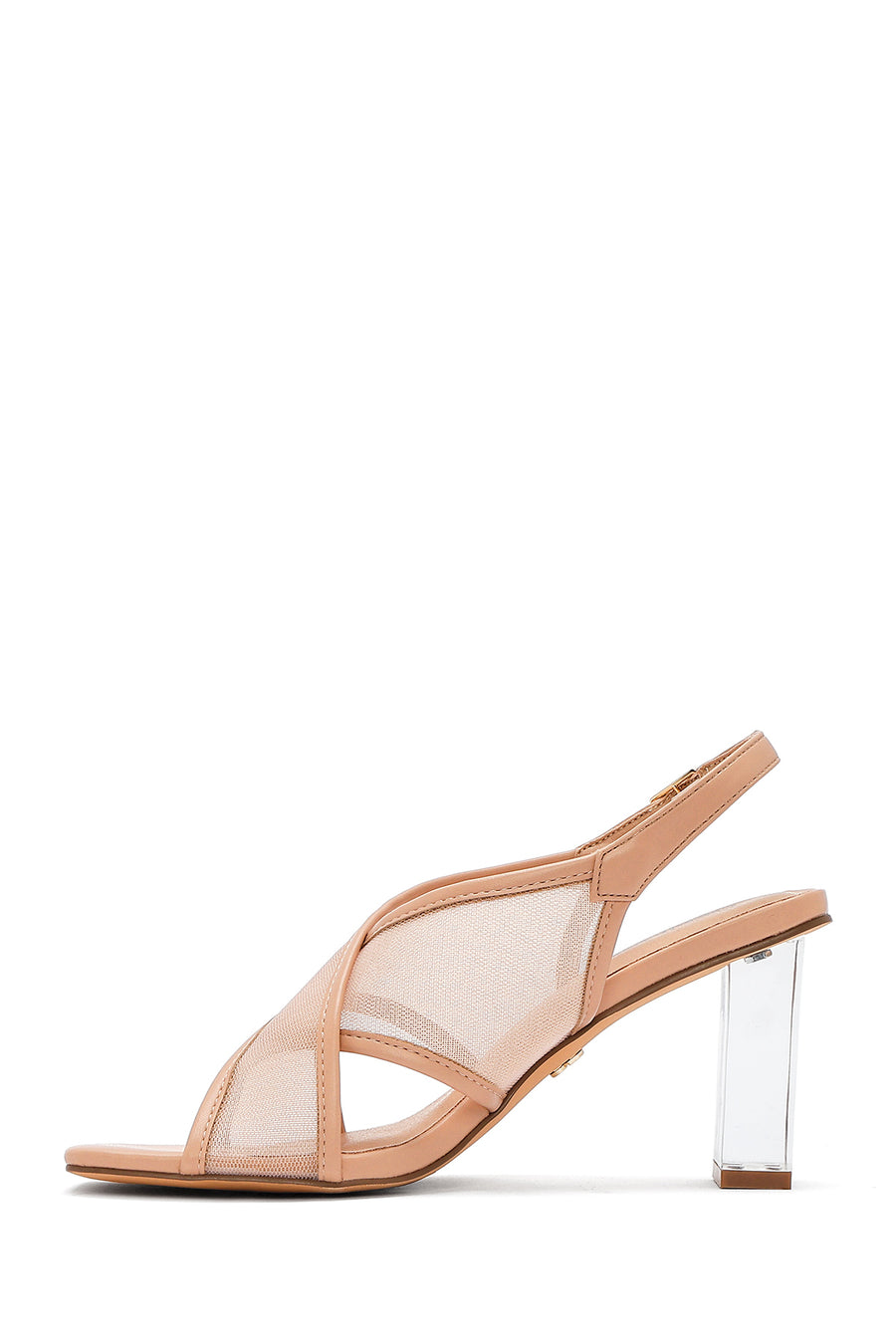 Women's Beige Fabric Sandals with Thick Heels and Buckle Ankle Straps