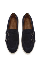 Men's Navy Blue Double Buckle Suede Leather Loafer | Derimod
