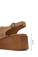 Women's Tan Ankle Strap Printed Wedge Heel Leather Comfort Sandals | Derimod