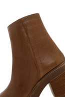 Women's Tan Zippered Thick Heeled Leather Boots | Derimod