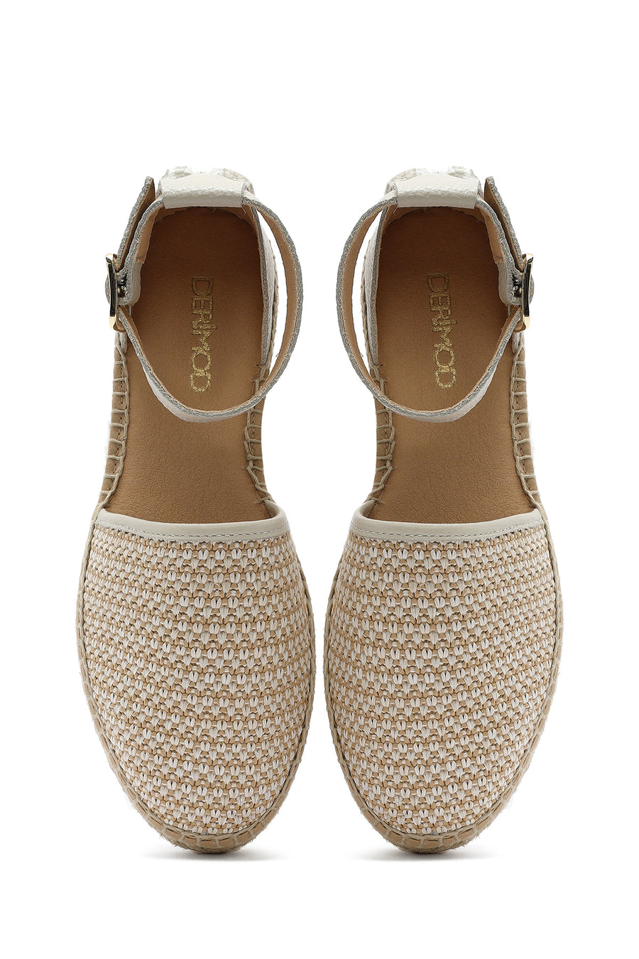 Women's Beige Buckle Ankle Straw Leather Espadrille Sandals