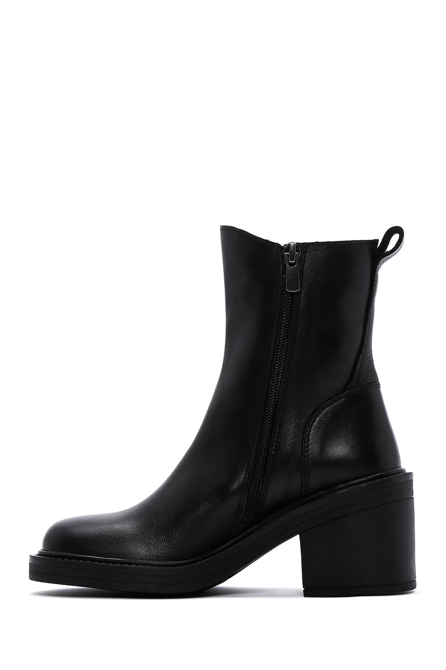Women's Black Leather Zippered Heeled Boots