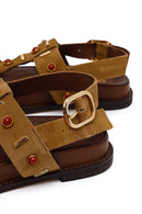 Woman Tan Embellished Suede Sandal | Derimod