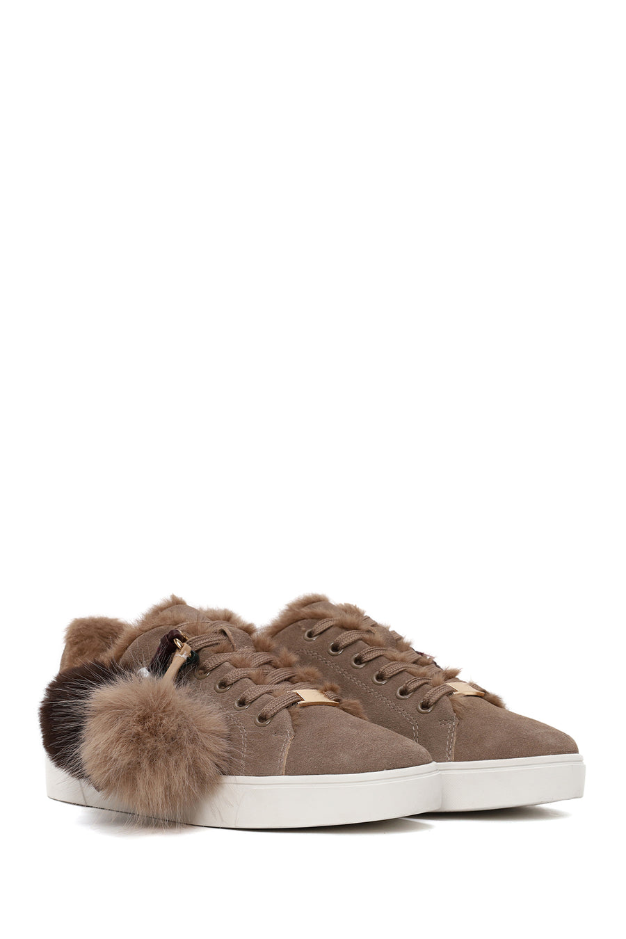 Kadın Vizon Bağcıklı Charmlı Süet Deri Teddy Sneaker
