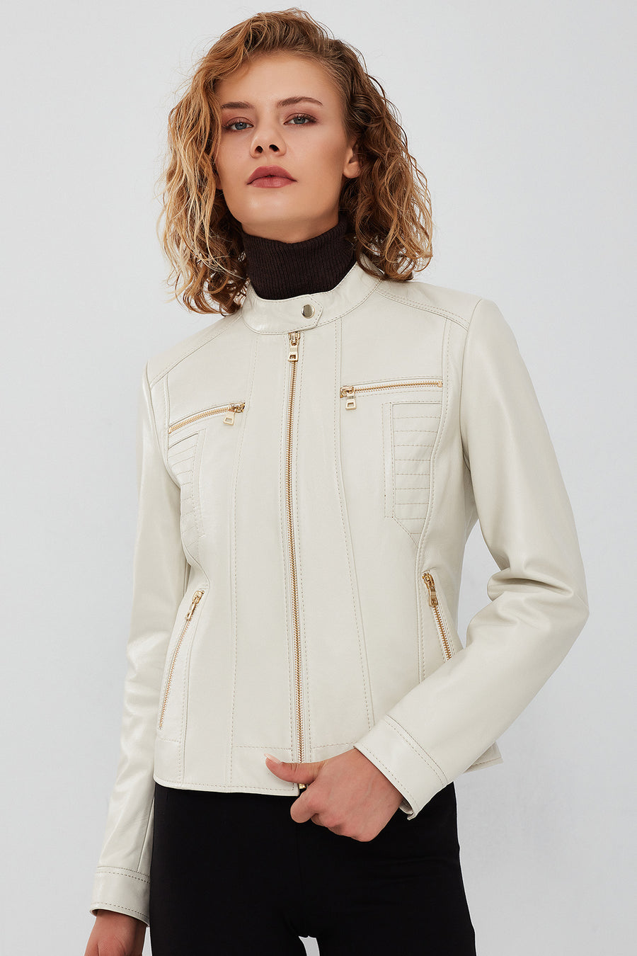 Marlyn Women's Beige Short Leather Jacket
