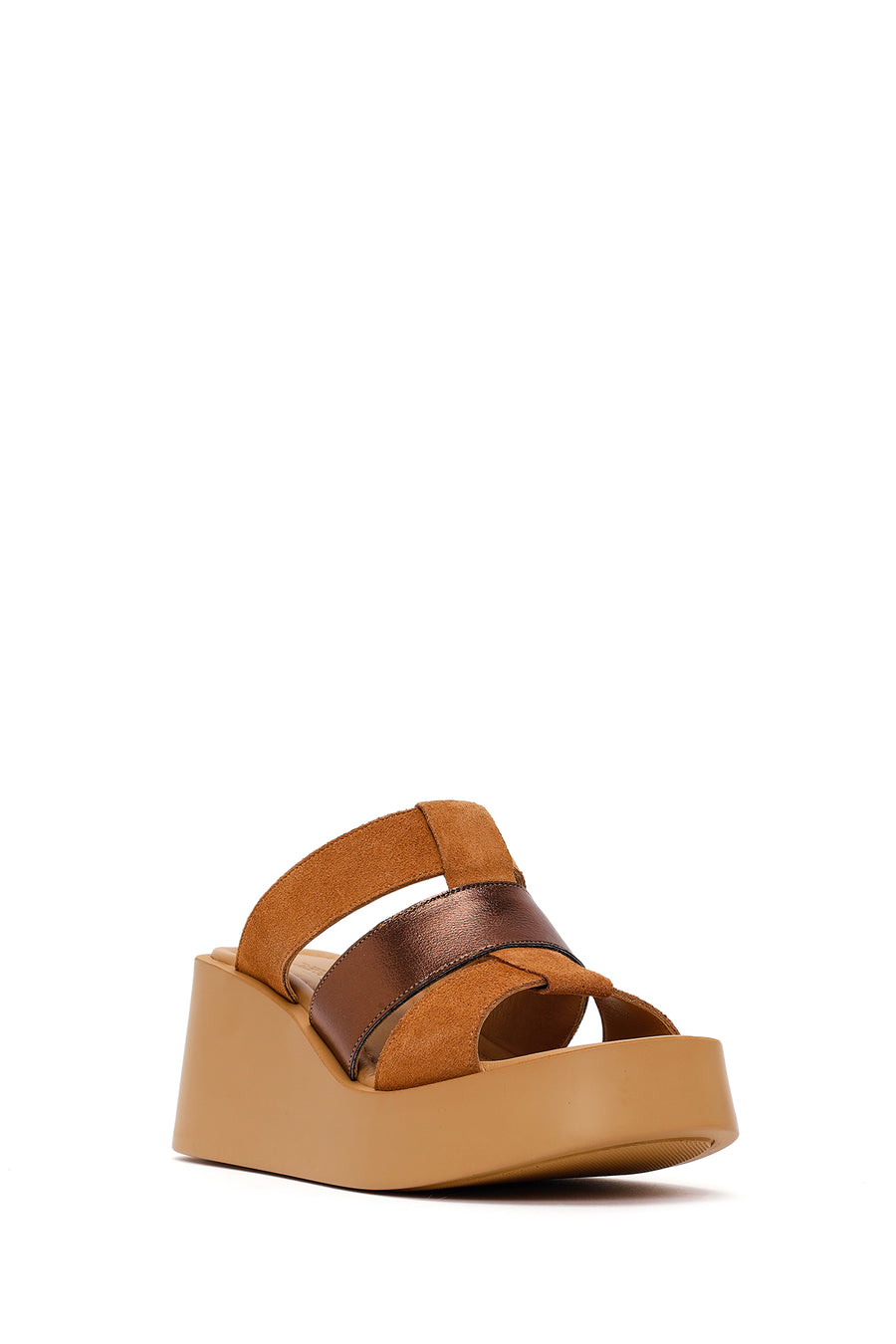Woman Tan Wedge-Heel Suede Leather Comfort Slippers