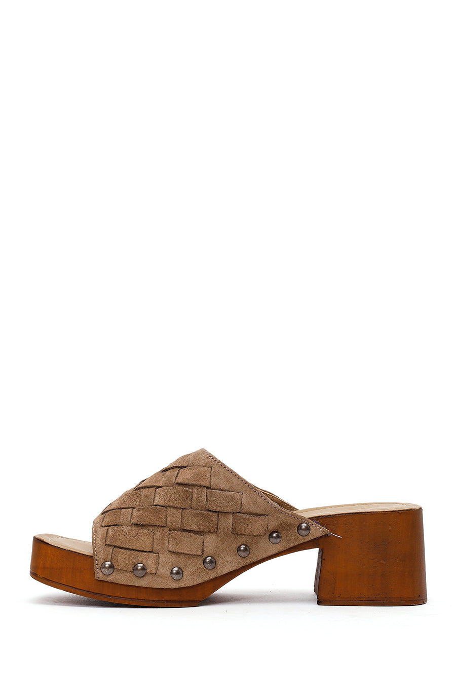 Woman Beige Short Thick-Heeled Suede Slipper